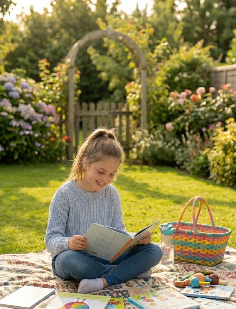 A child reading a book in a sunny garden