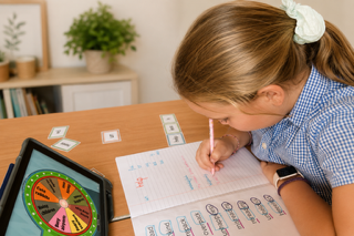A child working through a one-to-one literacy lesson, writing in a workbook with sound cards and a learning game on a tablet